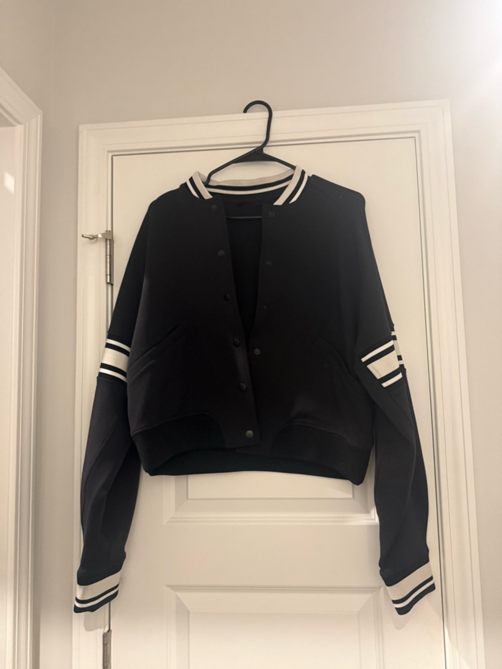 lululemon athletica Black Varsity Jacket with White Stripes